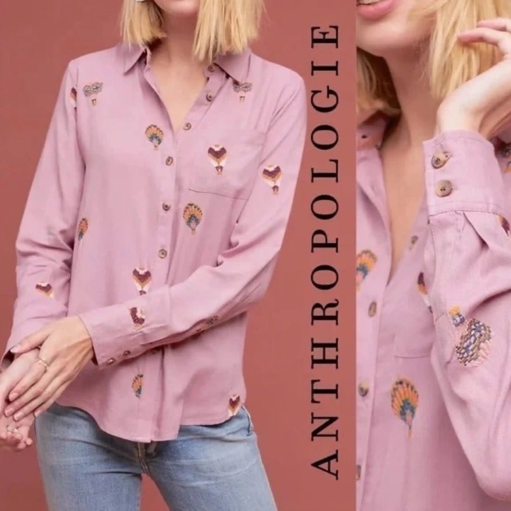 Anthropologie “County Fair” hot air balloon embroidered blouse in mauve pink